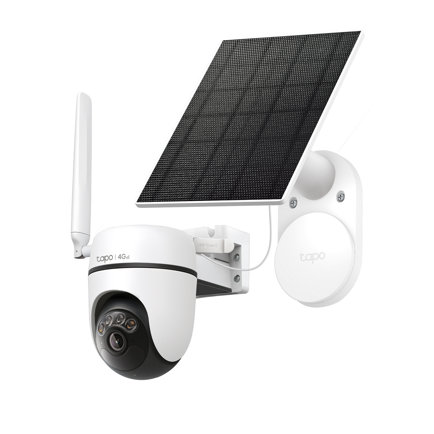 Cámara de seguridad blanca con panel solar y antena, montada en un soporte blanco.