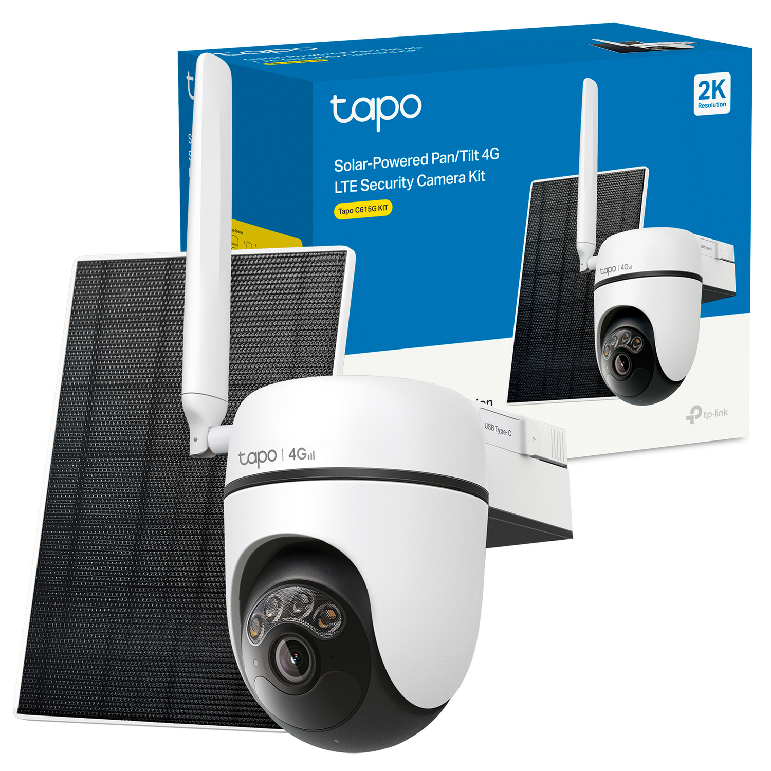 Kit de cámara de seguridad Tapo 4G con energía solar, panel solar y cámara.