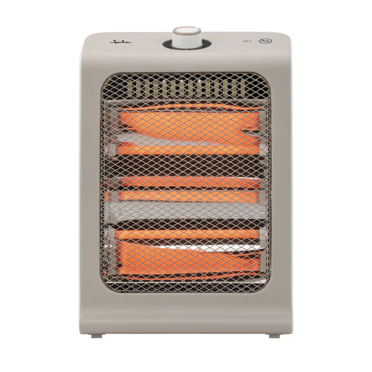 Un calentador radiante color crema con elementos calefactores naranjas incandescentes tras una rejilla metálica.