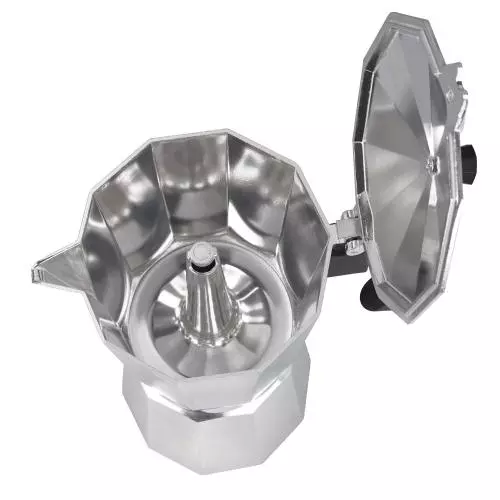 Cafetera moka de aluminio abierta con base octogonal y pico en forma de embudo.