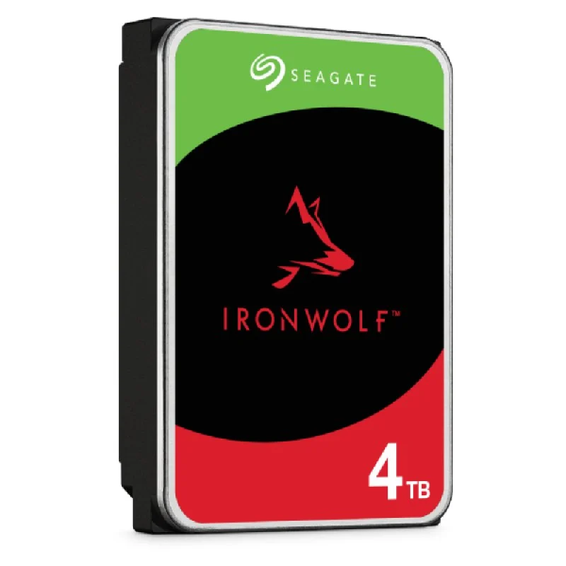 Disco duro externo Seagate IronWolf de 4TB con logo de zorro rojo y diseño verde/rojo/negro.