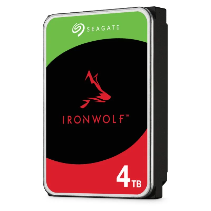 Disco duro externo Seagate IronWolf de 4TB con logo de lobo rojo sobre fondo negro, verde y rojo.