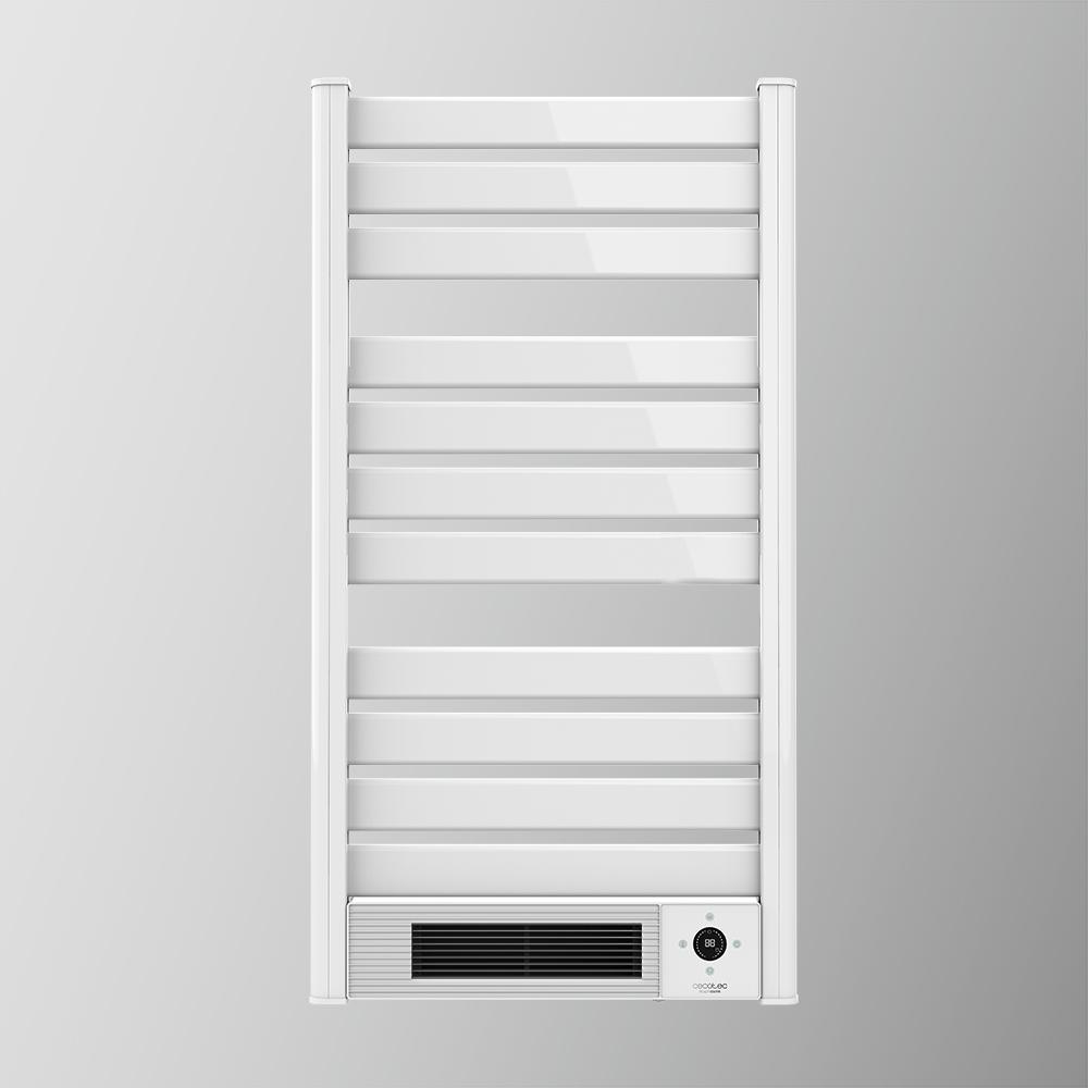 Un toallero blanco con varias barras y una pantalla digital.