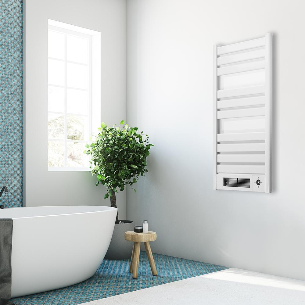 Un baño moderno con bañera blanca, radiador y planta.