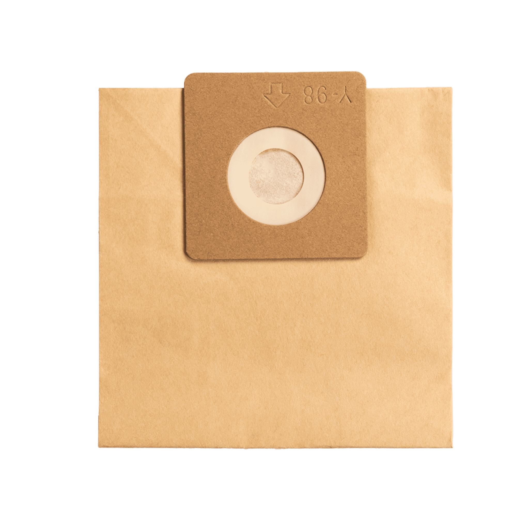 Una bolsa de aspiradora de papel marrón con filtro blanco redondo y marca.