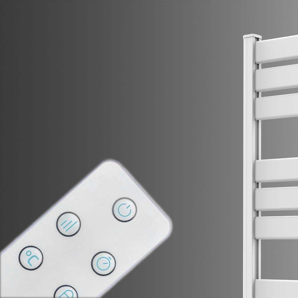 Un panel de control blanco con iconos y parte de un radiador blanco.