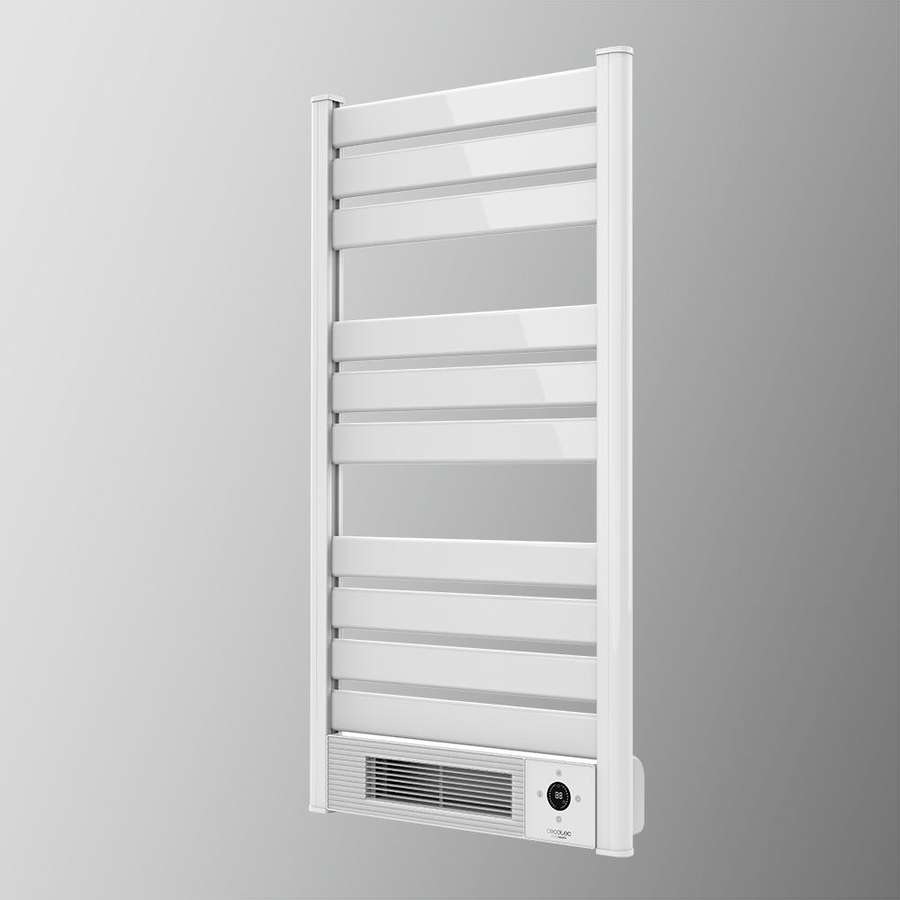 Un toallero eléctrico blanco con varias barras y pantalla digital.