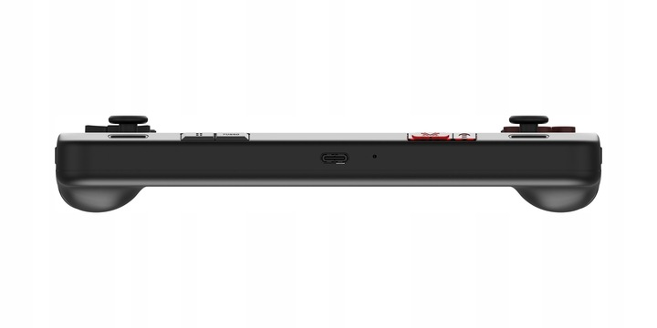 Czarny kontroler do gier z joystickami, przyciskami i portem USB-C.