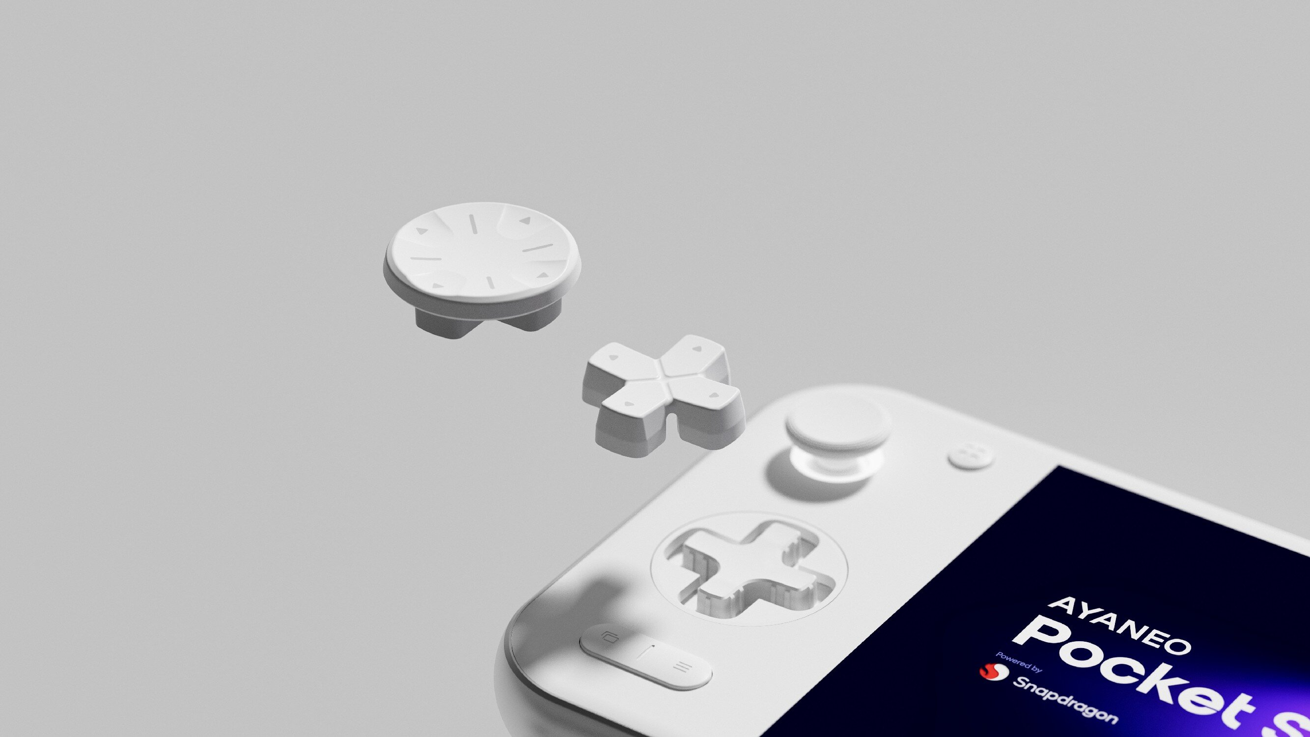 Białe przenośne urządzenie do gier z osobnymi elementami D-pada i joysticka.