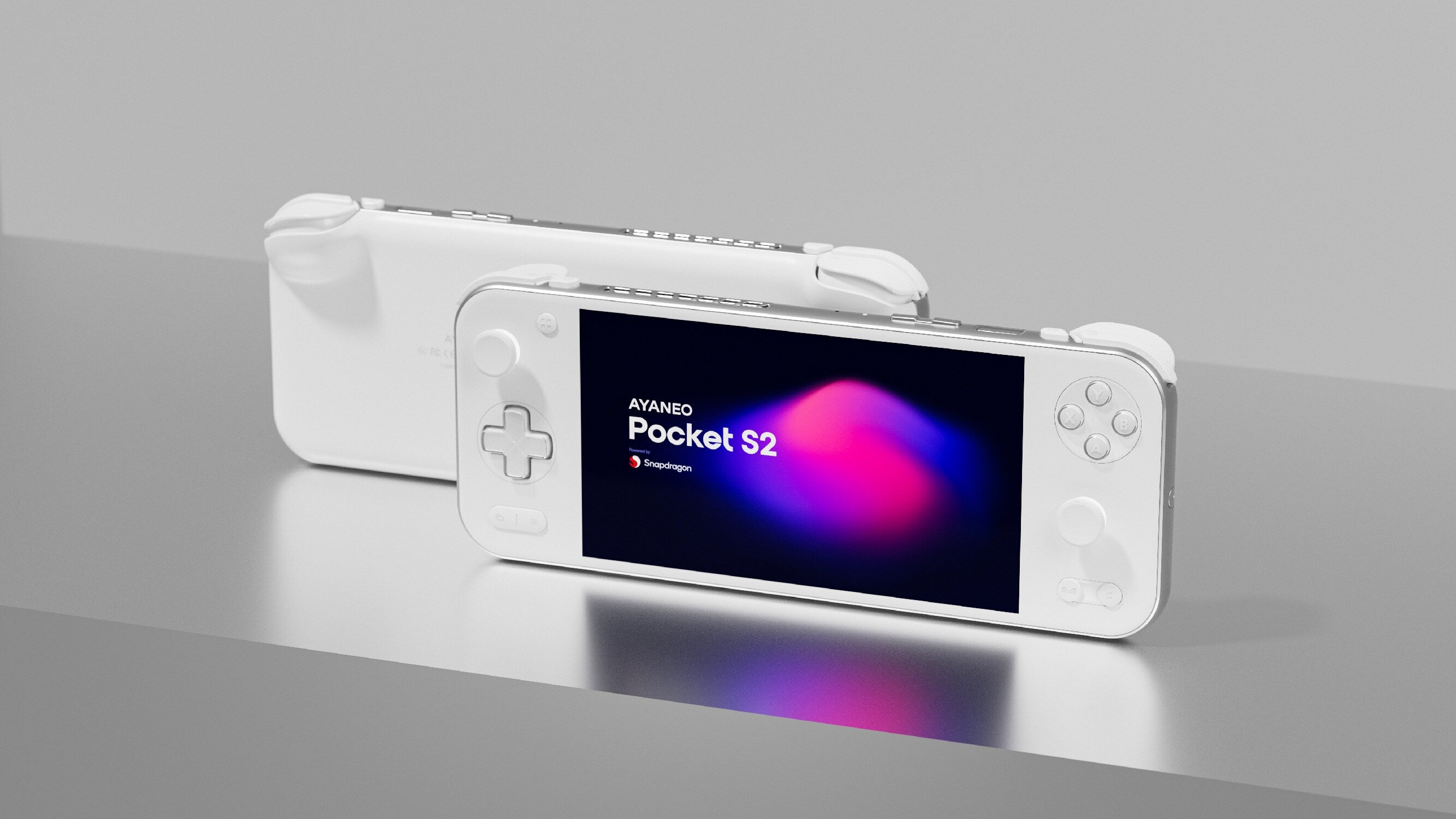 Białe urządzenie przenośne z ciemnym ekranem pokazującym kolorowy gradient.