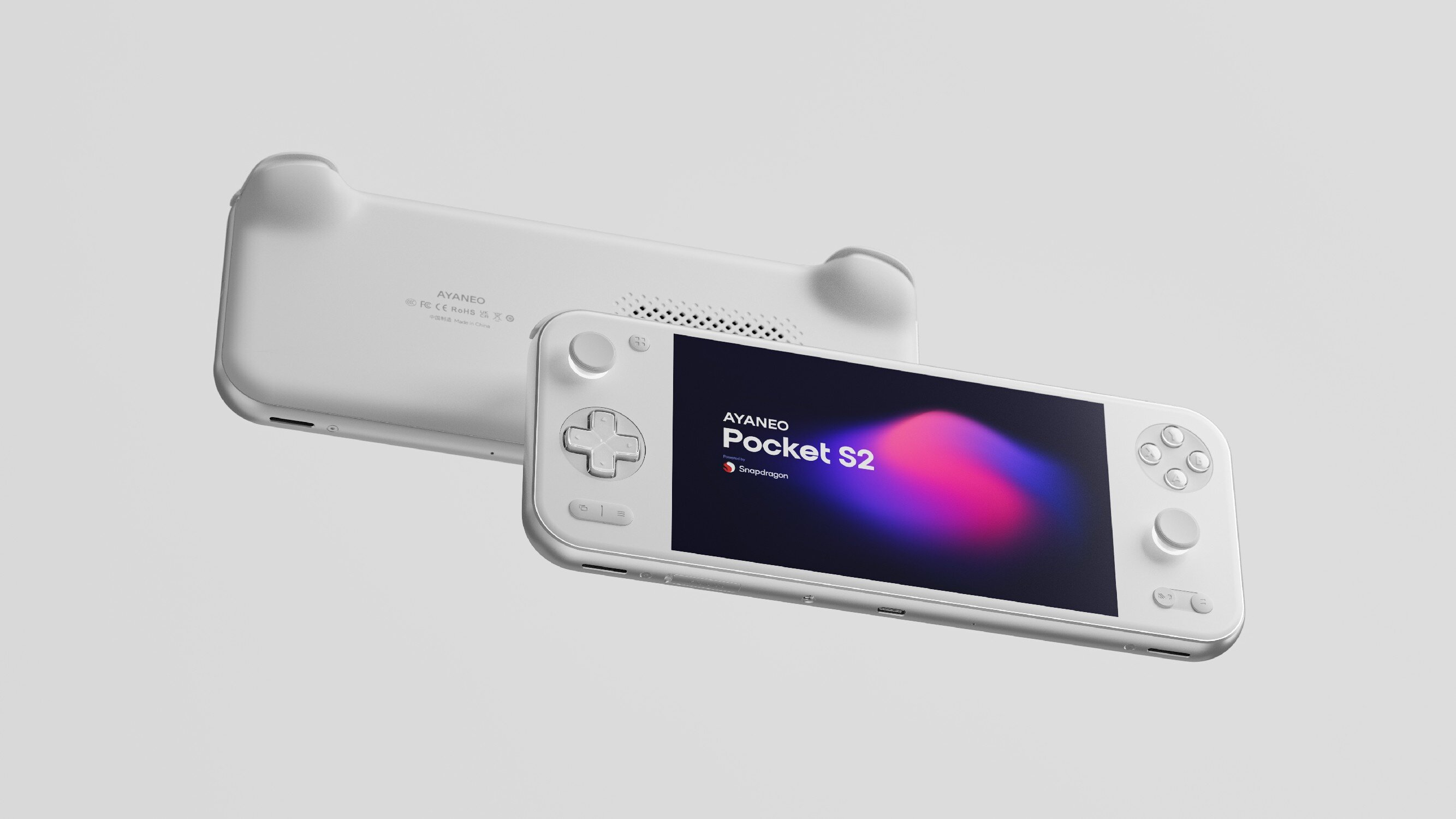 Białe przenośne urządzenie do gier z jasnym ekranem i przyciskami sterującymi.