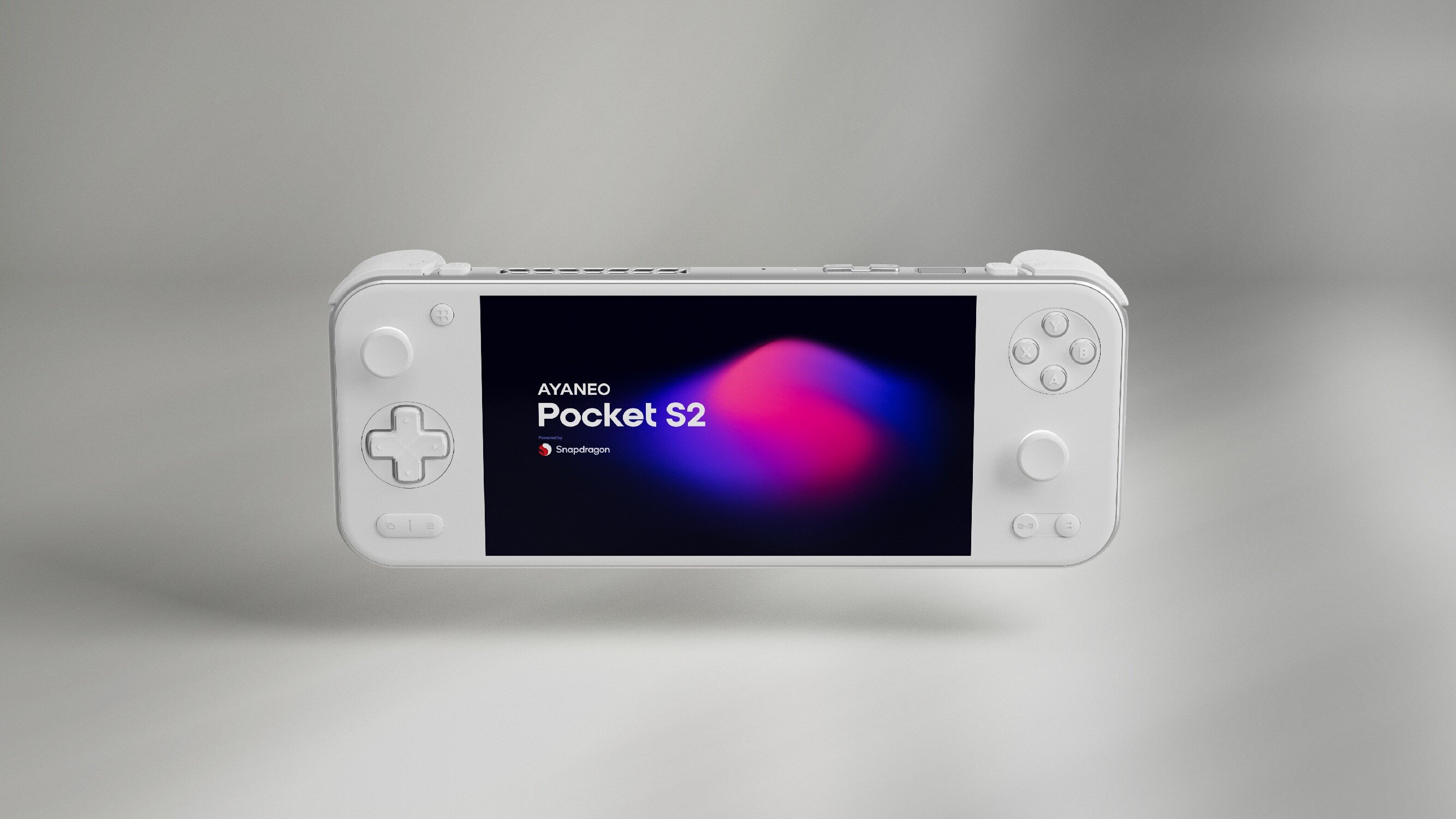 Białe urządzenie podręczne z ciemnym ekranem wyświetlającym kolorowe abstrakcyjne grafiki.