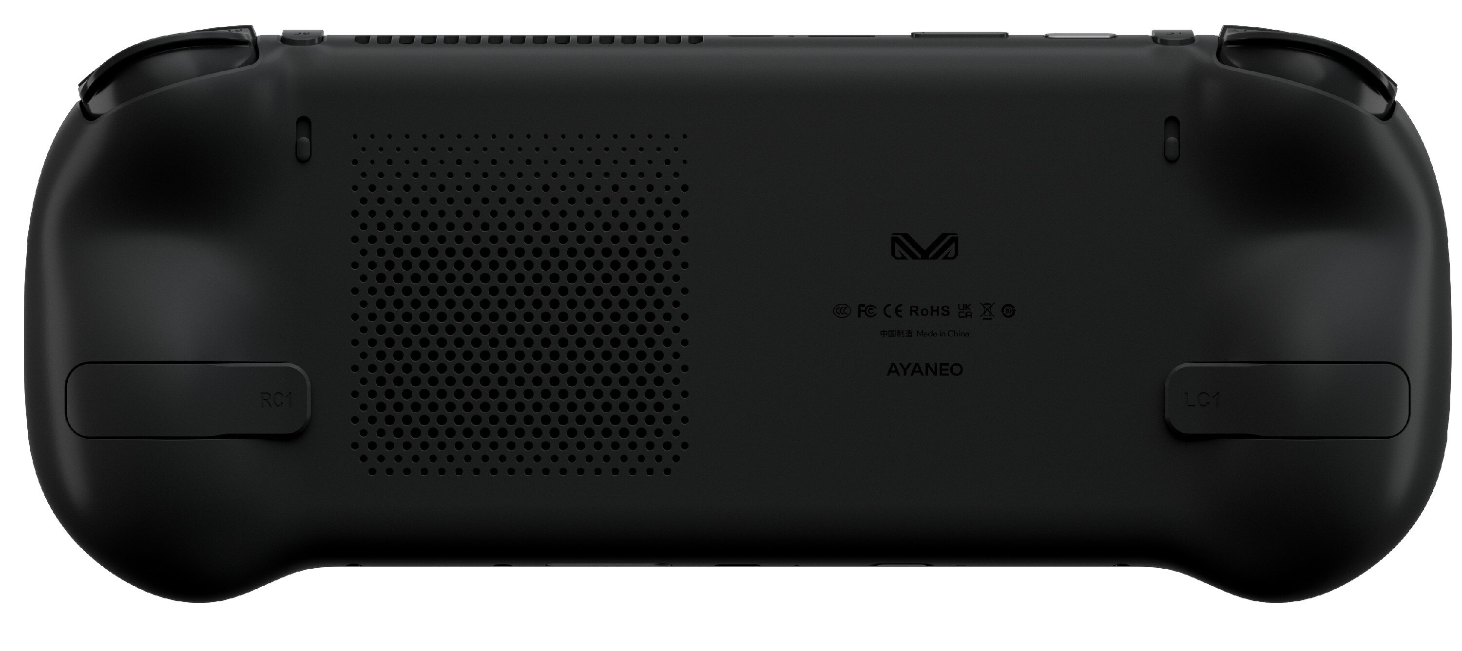 Tył czarnego podręcznego urządzenia do gier z otworami wentylacyjnymi i etykietami.