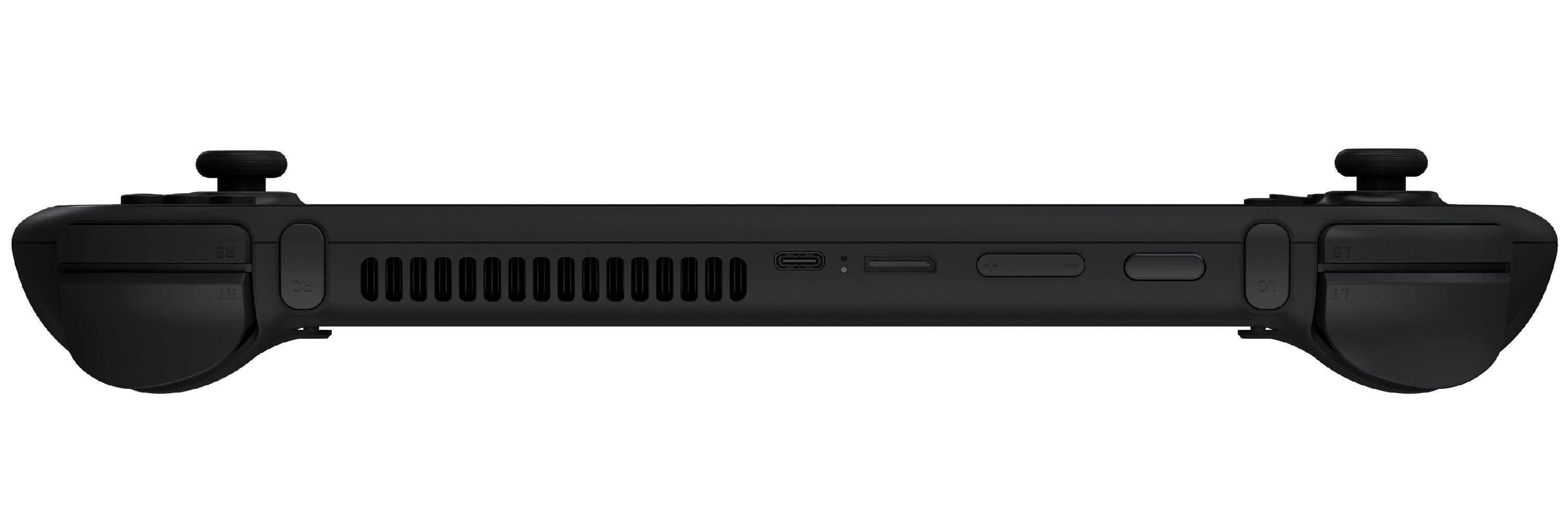 Czarny kontroler ręczny z joystickami, otworami wentylacyjnymi i portami.