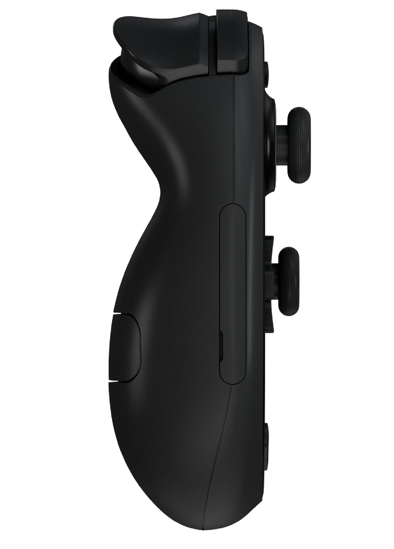 Czarny kontroler gier w profilu z dwoma joystickami i przyciskami.