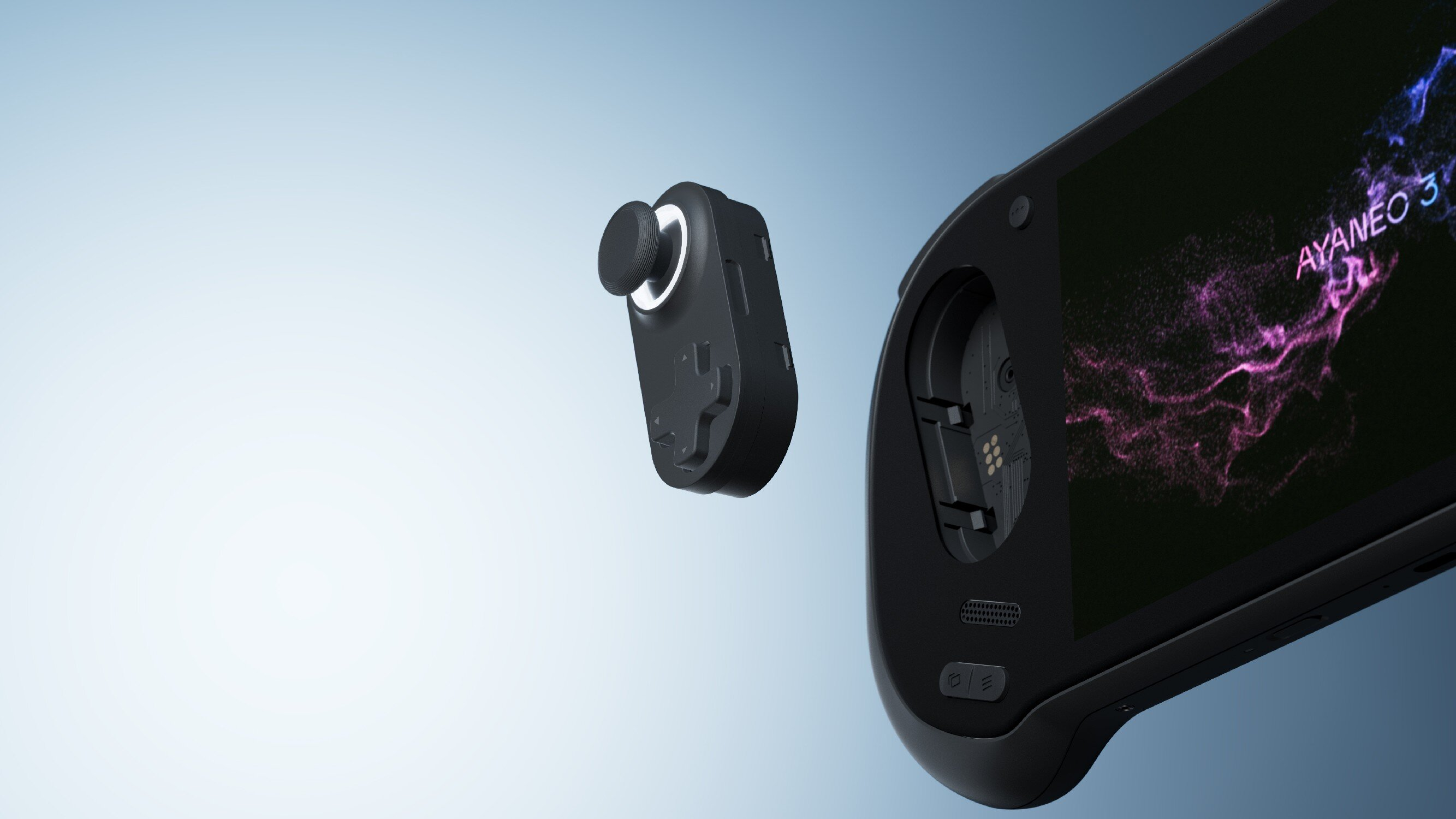 Czarny kontroler ręczny unosi się obok czarnego urządzenia do gier z ekranem.