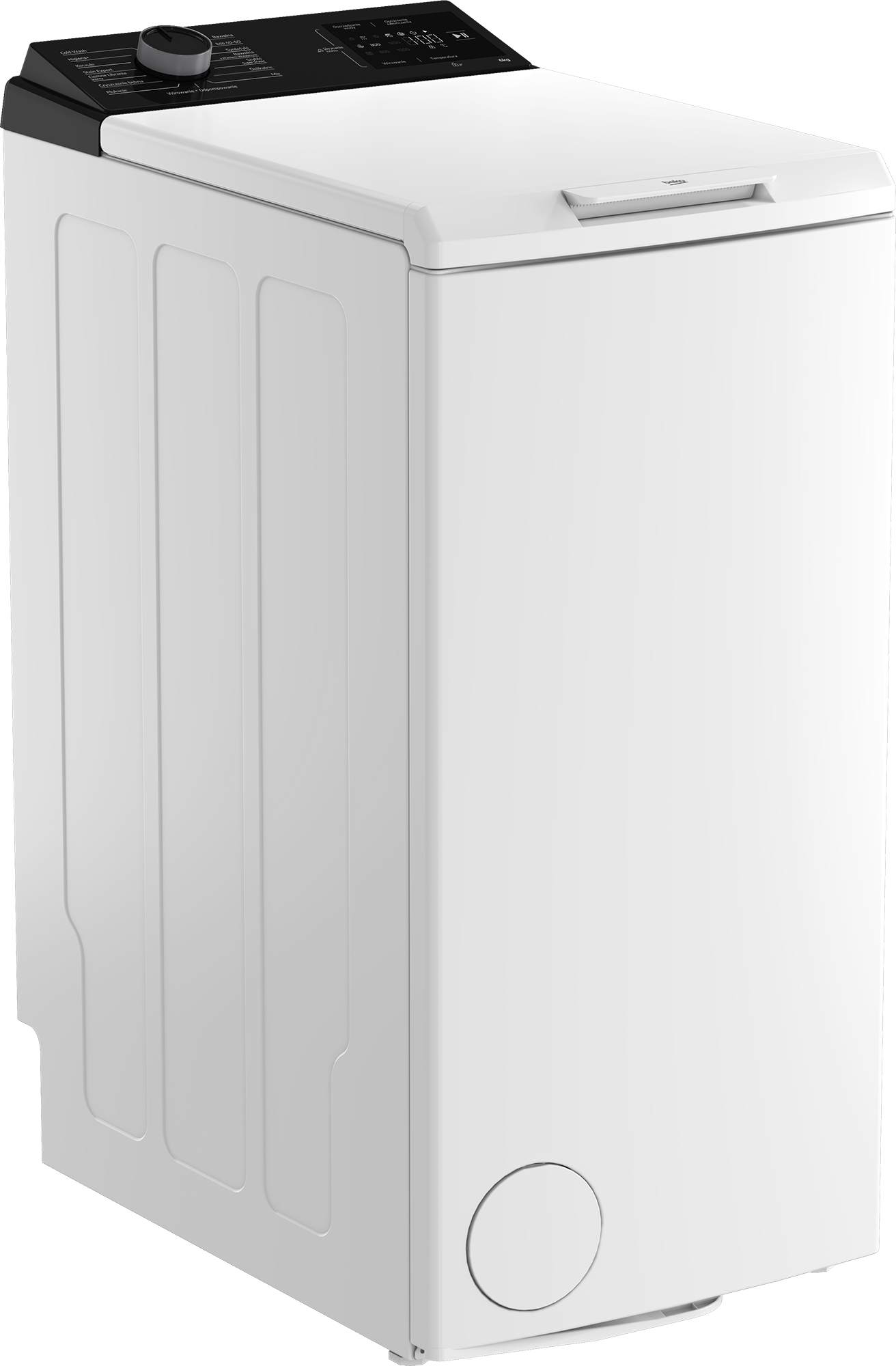 Biała pralka ładowana od góry z czarnym panelem sterowania i cyfrowym wyświetlaczem.