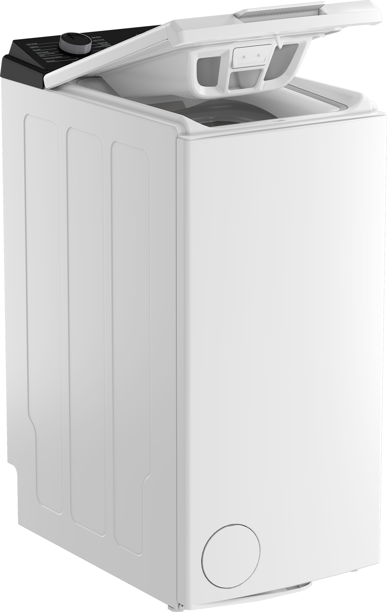 Biała pralka ładowana od góry z otwartą pokrywą i czarnym panelem sterowania.