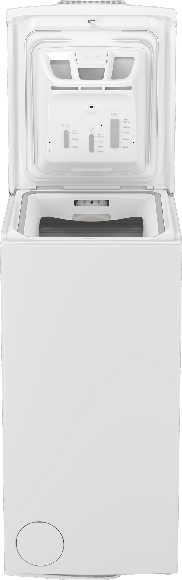 Biała pralka z otwartą pokrywą, pokazująca dozownik detergentu.