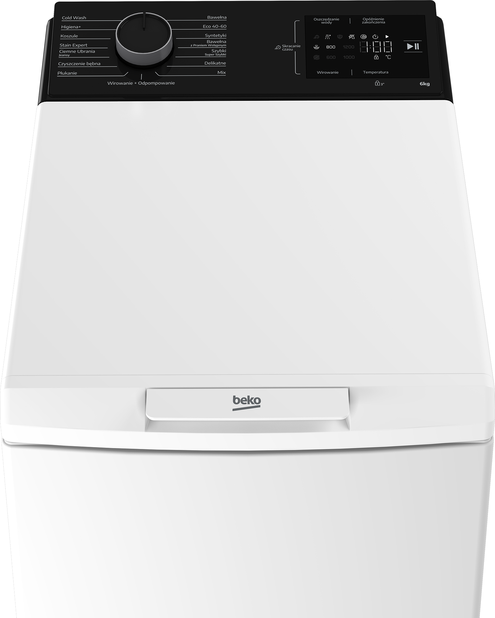 Biała pralka Beko z czarnym panelem sterowania pokazującym programy i ustawienia prania.