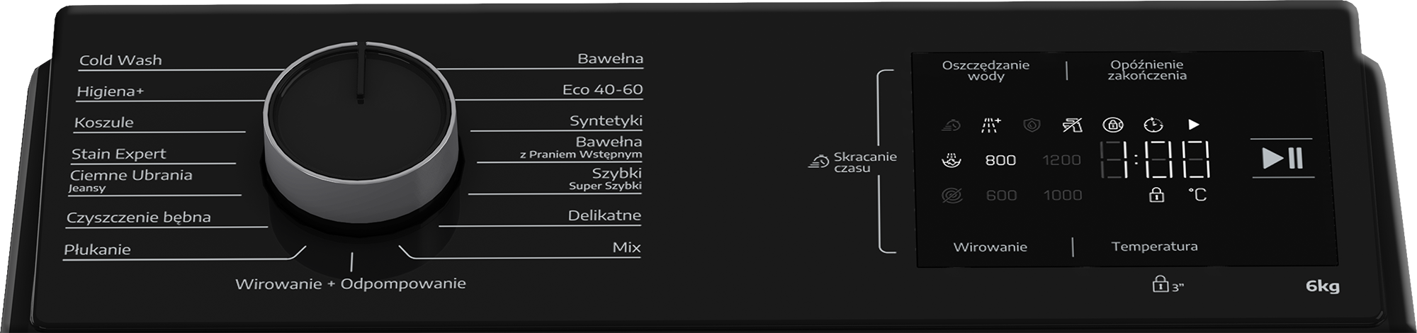 Panel sterowania pralki z pokrętłem i wyświetlaczem cyfrowym. Opcje: Zimne pranie, Bawełna, 1200 obr./min.