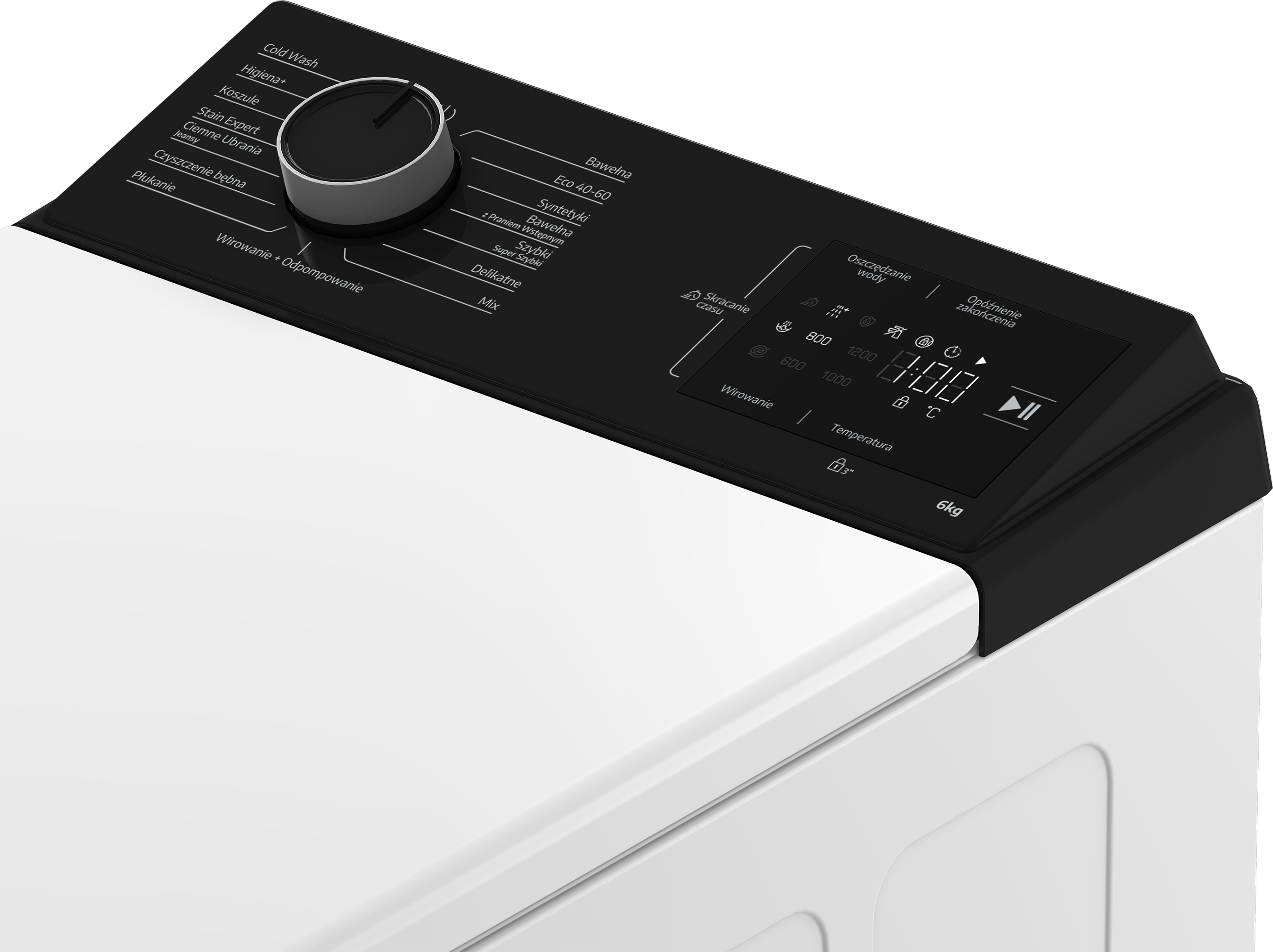 Panel sterowania białej pralki z czarnym wyświetlaczem i pokrętłem.