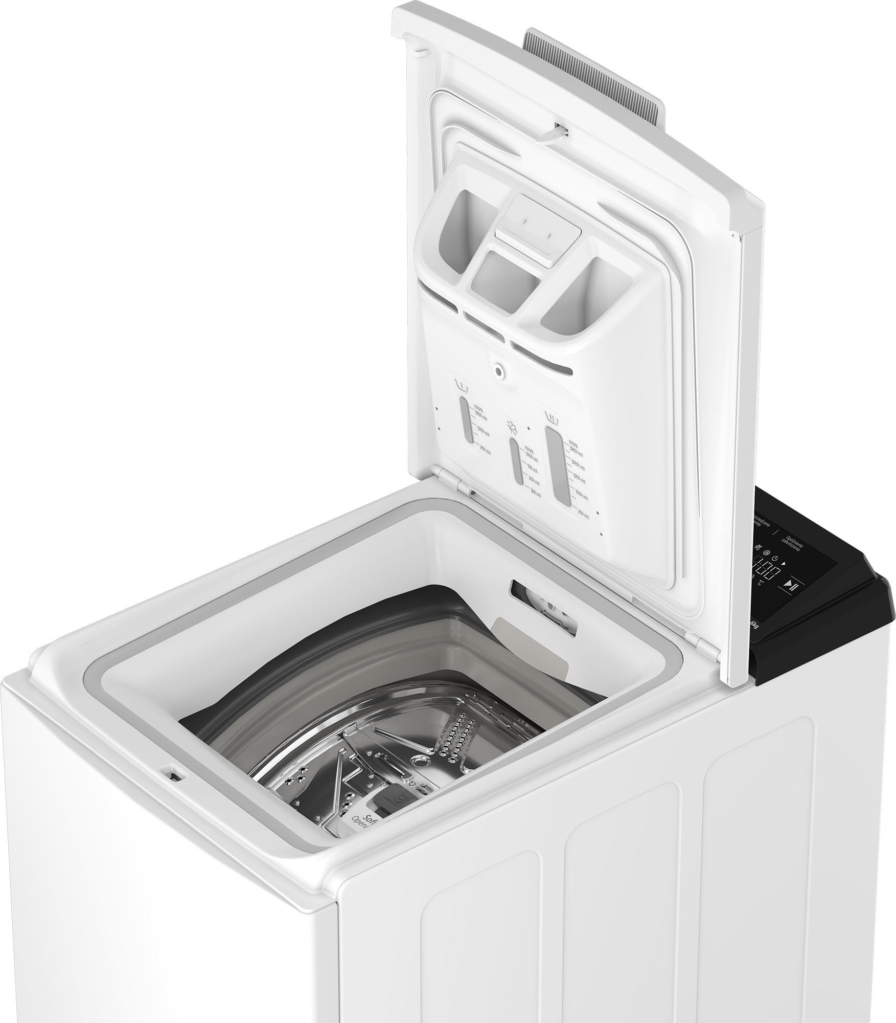 Biała pralka z otwartą pokrywą, ukazującą bęben i dozownik detergentu.