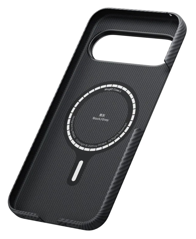 Czarno-szara obudowa na telefon MagSafe ze wzorem z włókna węglowego.