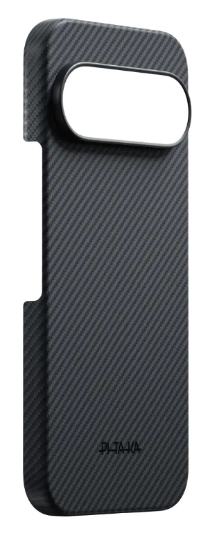 Ciemnoszara obudowa na telefon z włókna węglowego z owalnym wycięciem na aparat.