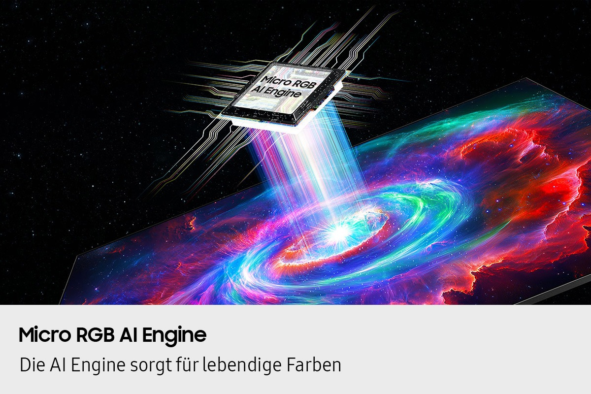 Une puce "Micro RGB AI Engine" émet des rayons lumineux sur une galaxie colorée.