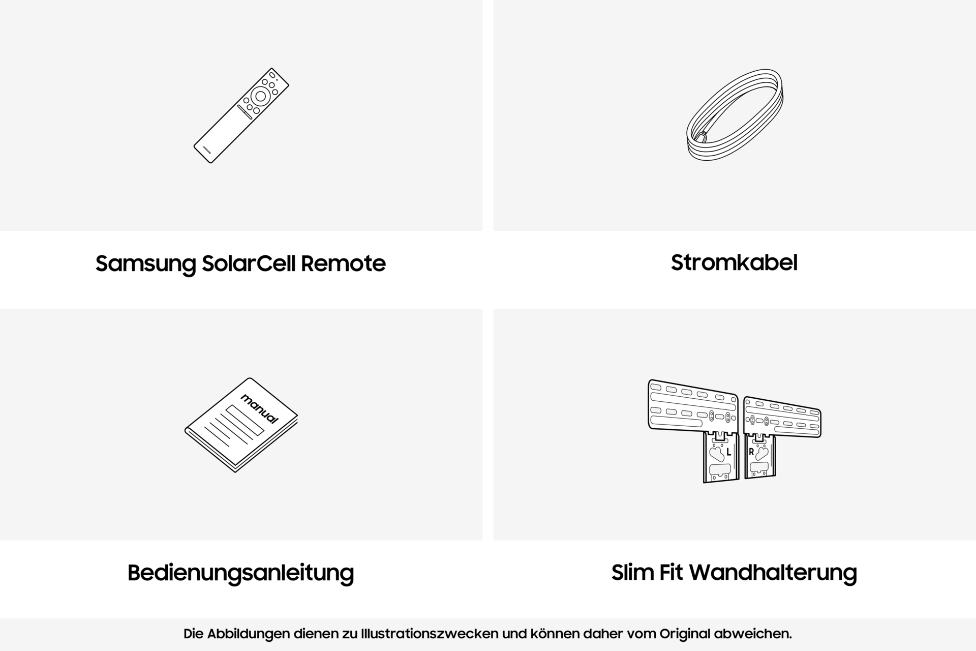 Télécommande SolarCell Samsung, câble d'alimentation, manuel et support mural Slim Fit.