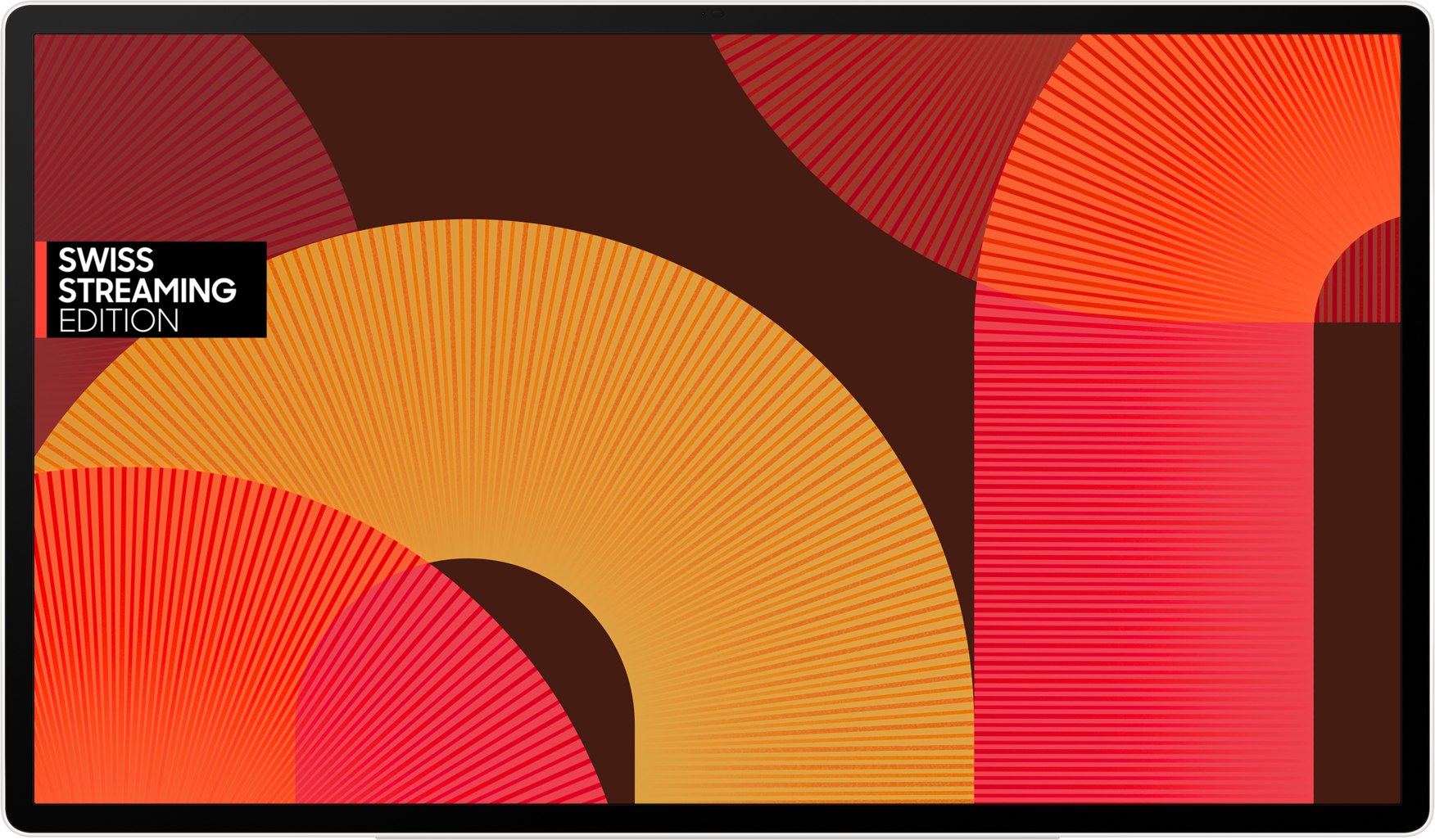 Sfondo astratto con forme a ventaglio in rosso, arancione e marrone. Testo: SWISS STREAMING EDITION.