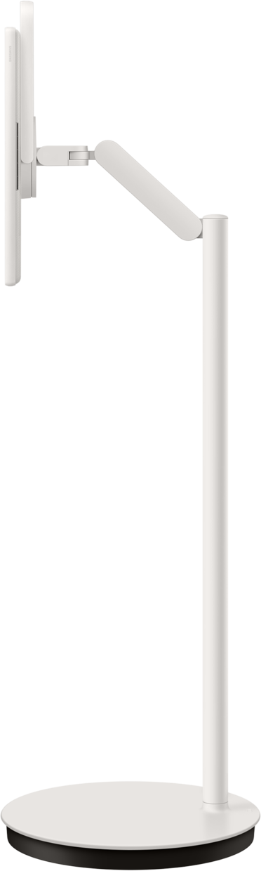 Un supporto per monitor bianco con base circolare e braccio regolabile.