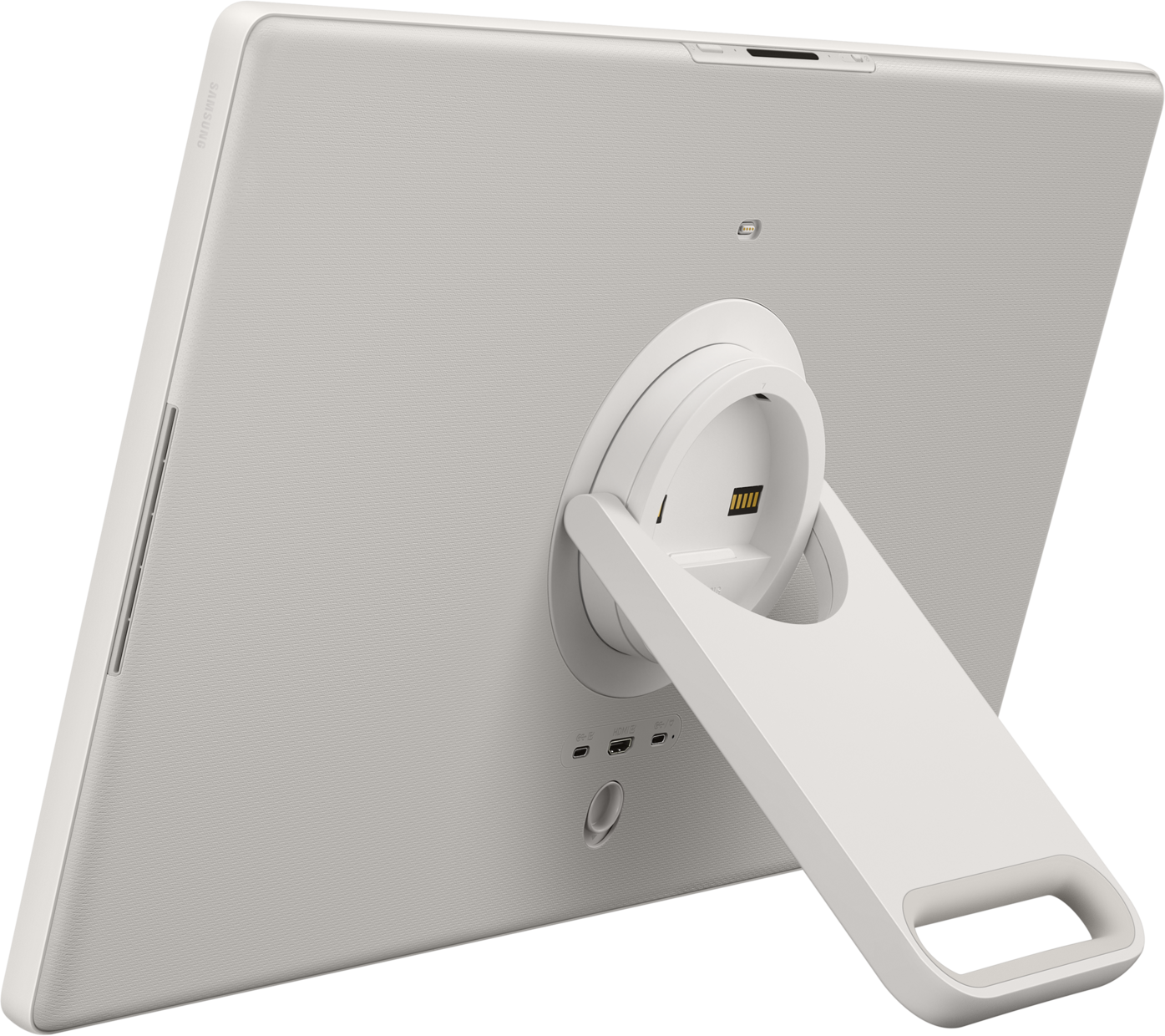 Vista posteriore di un tablet bianco testurizzato, con cavalletto e porte.