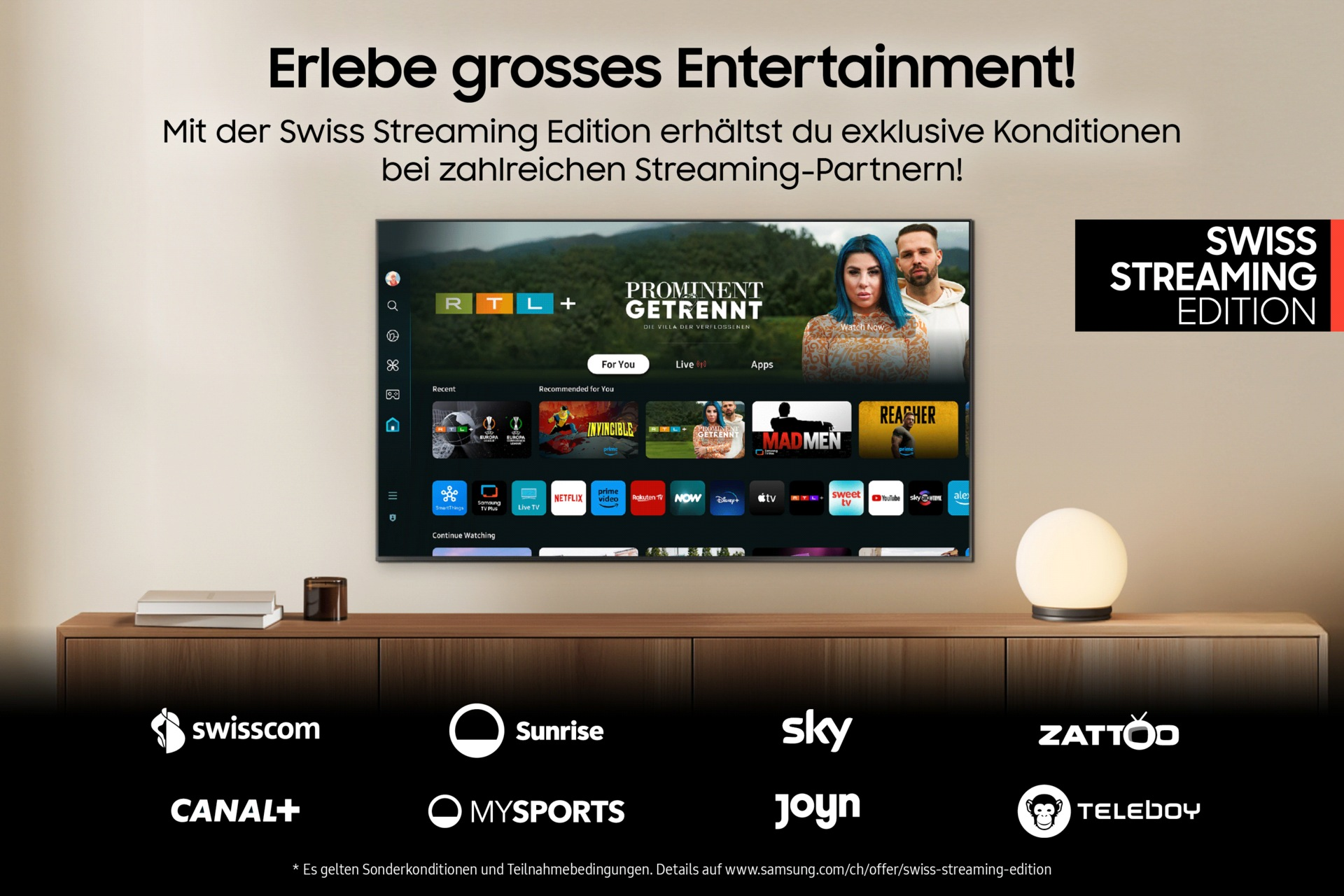 TV mostra "Prominent Getrennt" e loghi di streaming. "Swiss Streaming Edition".