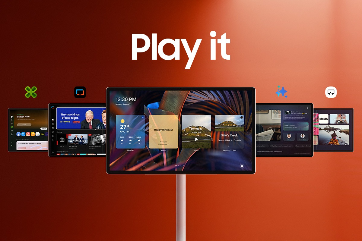 Schermo TV Samsung con app: meteo, memo e programmi come Shitt's Creek.