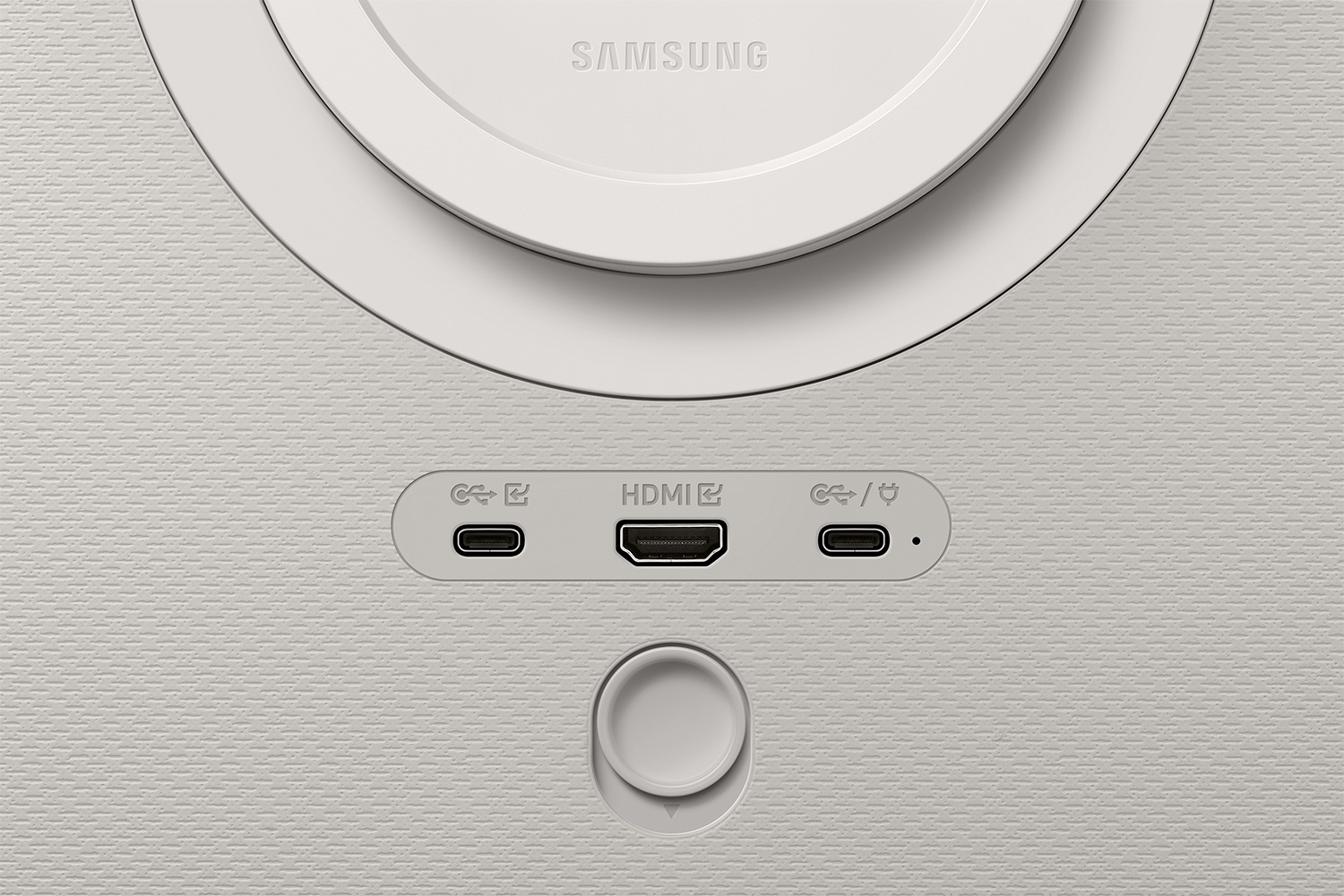 Dispositivo bianco con USB-C, HDMI e manopola. Logo Samsung in alto.