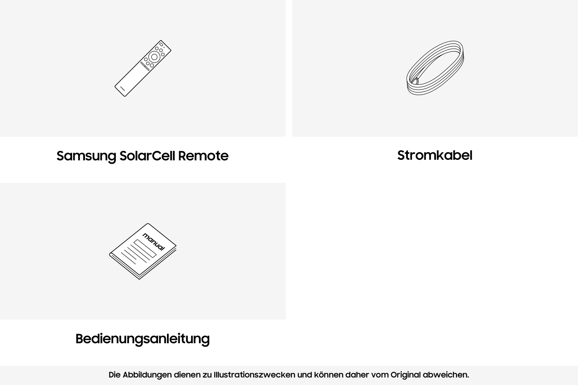 Telecomando SolarCell Samsung, cavo di alimentazione e manuale.