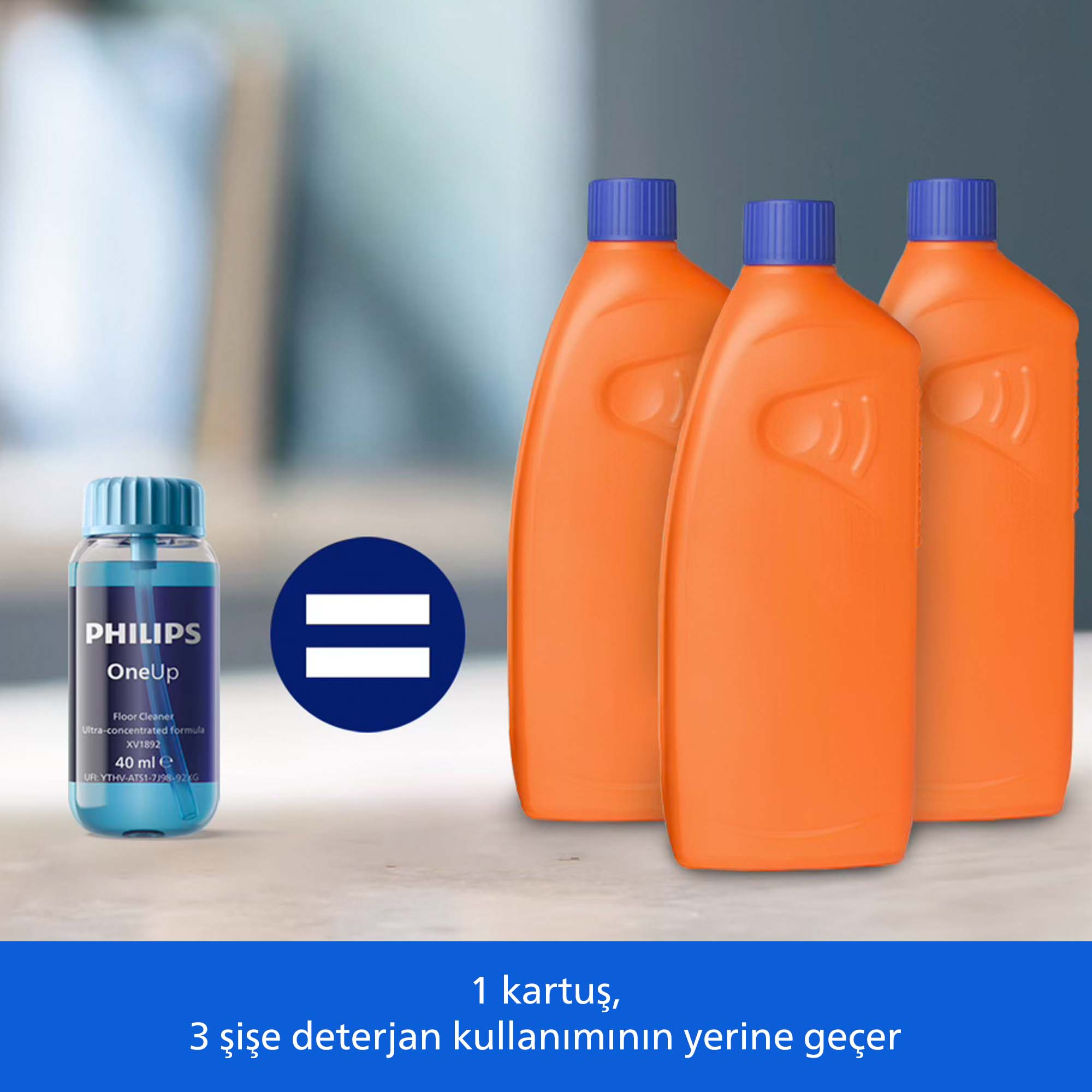 Bir Philips OneUp temizleyici, üç şişe temizleyicinin yerine geçer.