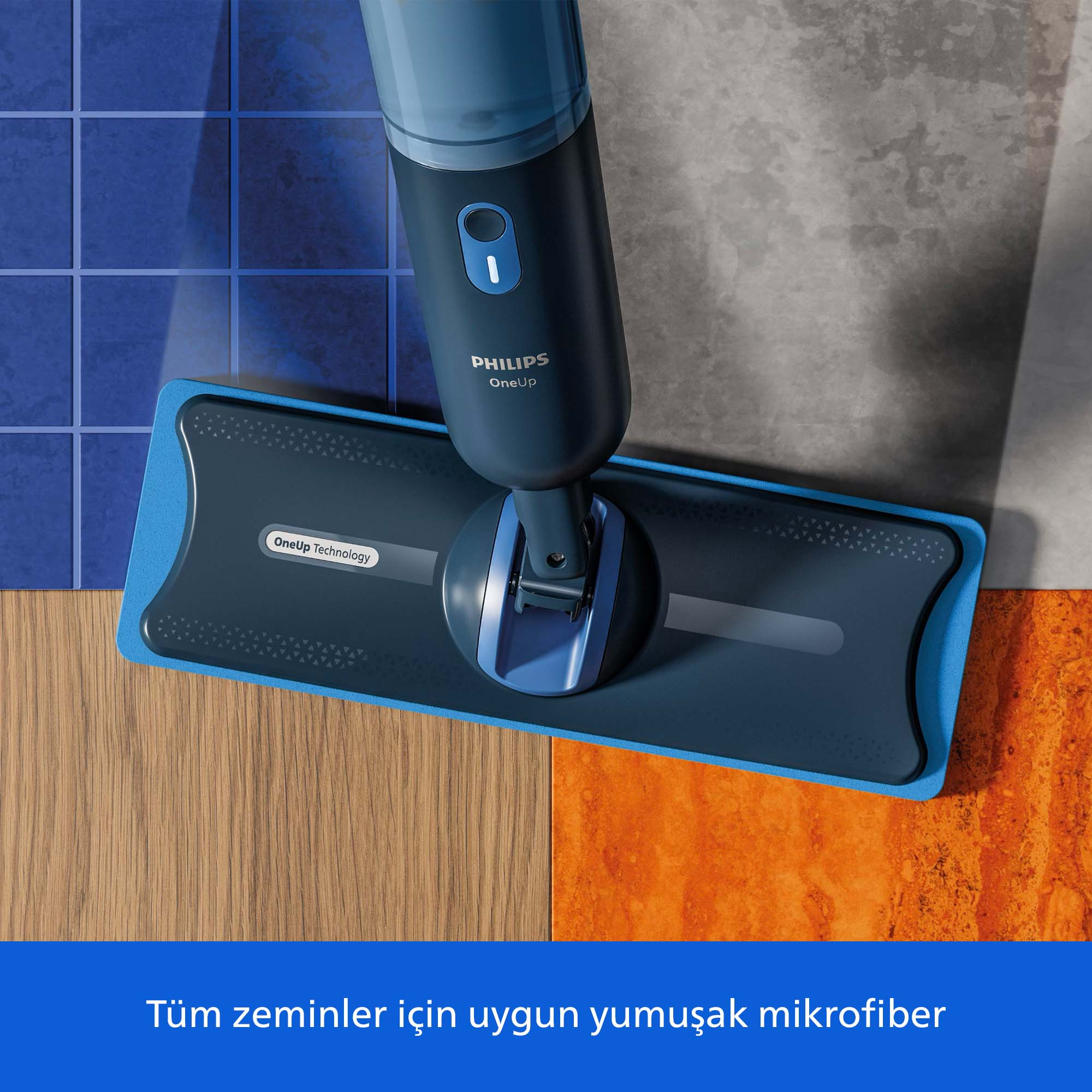 Mavi Philips OneUp paspas ahşap, fayans ve taş gibi çeşitli zeminleri temizler.