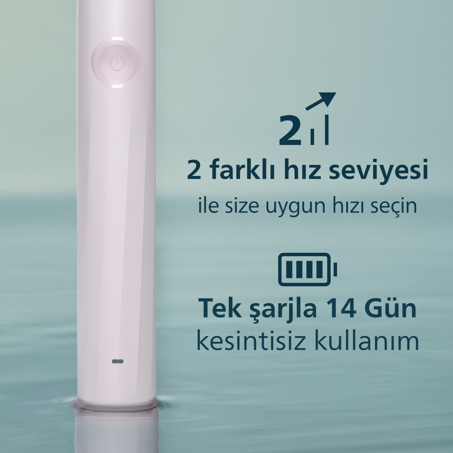 2 hız ayarlı, 14 gün pil ömrü sunan elektrikli diş fırçası.