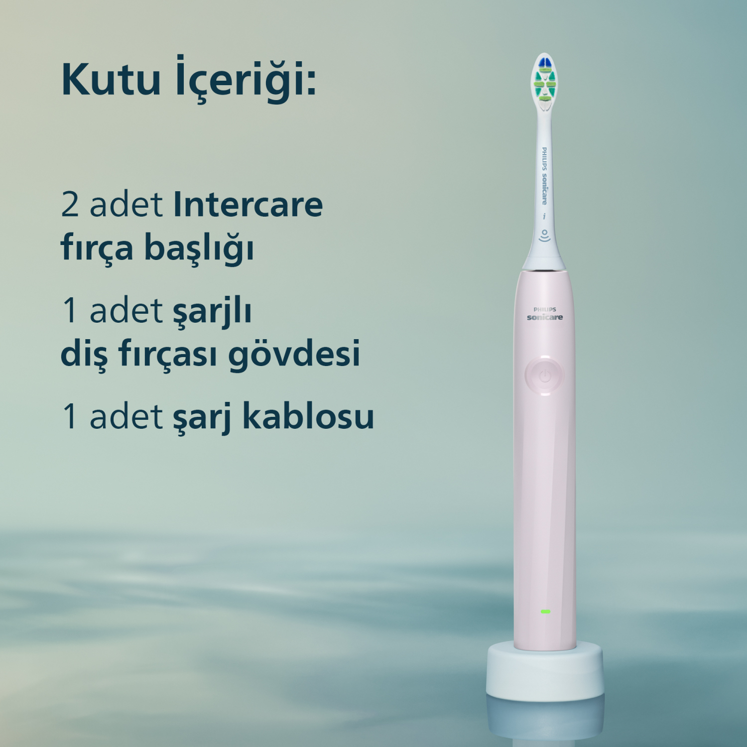 Fırça başlığı ve şarj kablosu ile pembe bir Philips Sonicare diş fırçası.