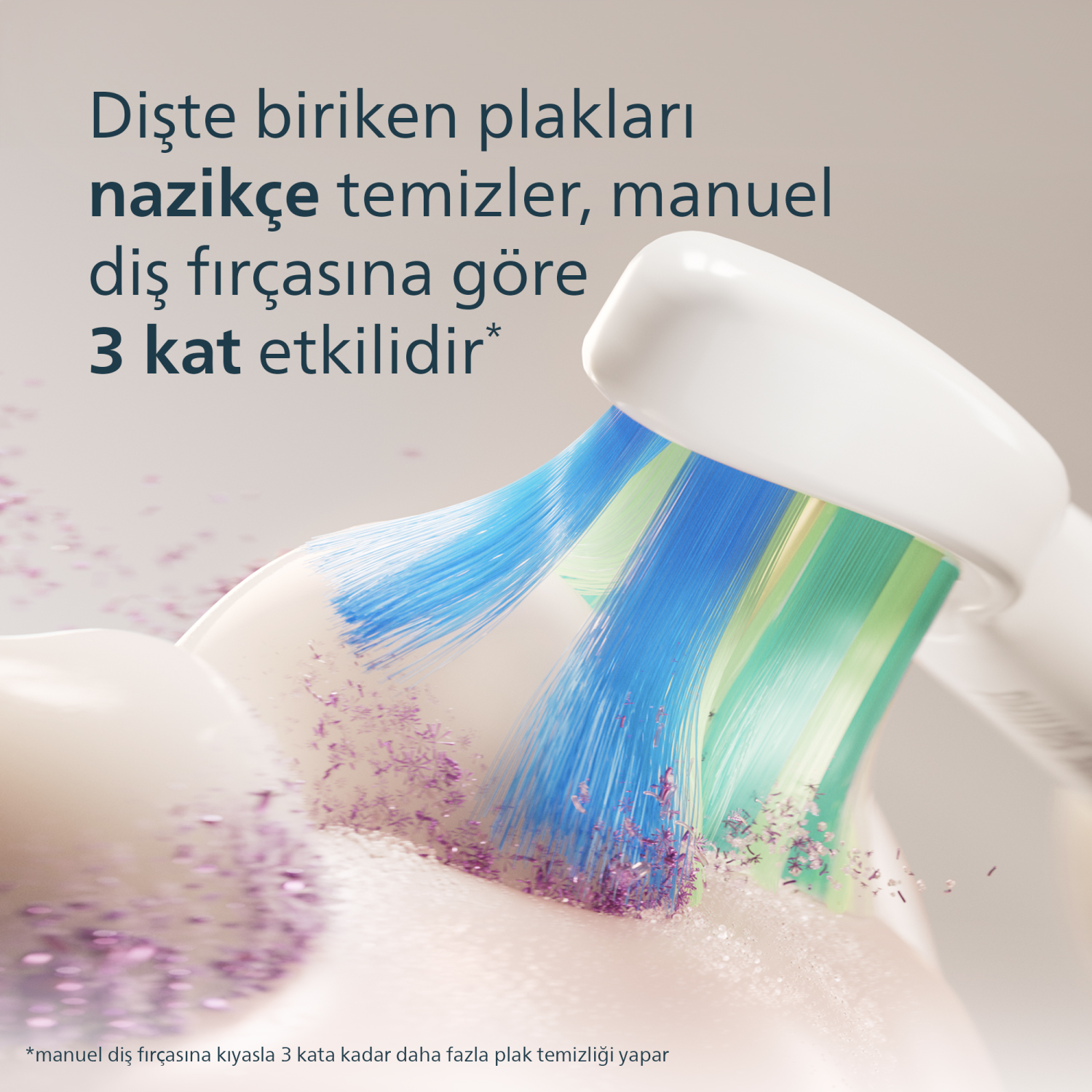 Diş fırçası plakları nazikçe temizler, manuel fırçaya göre 3 kat etkili.