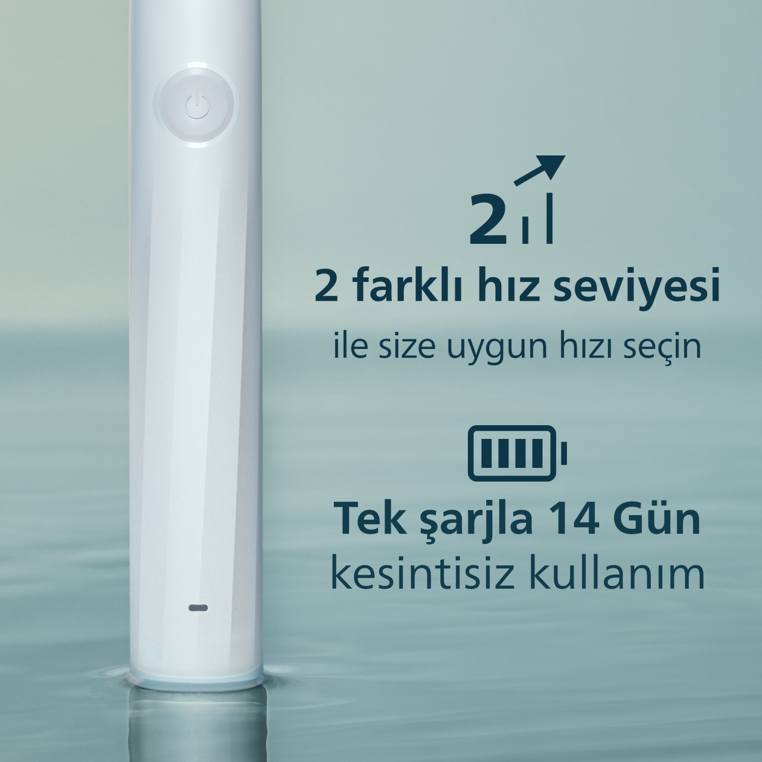 2 hız seviyeli, 14 gün kullanım sunan beyaz elektrikli diş fırçası.