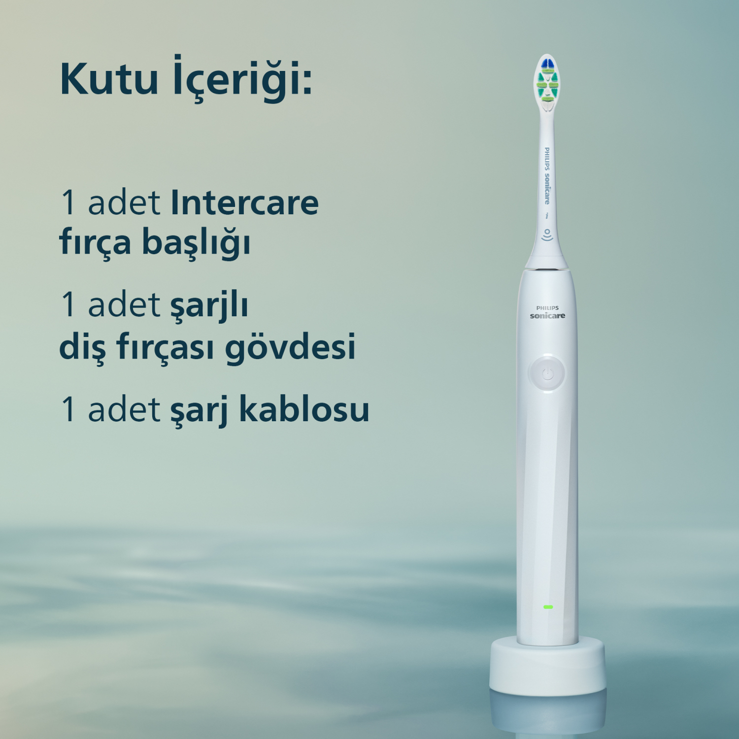 Şarj istasyonlu ve fırça başlıklı beyaz elektrikli diş fırçası.
