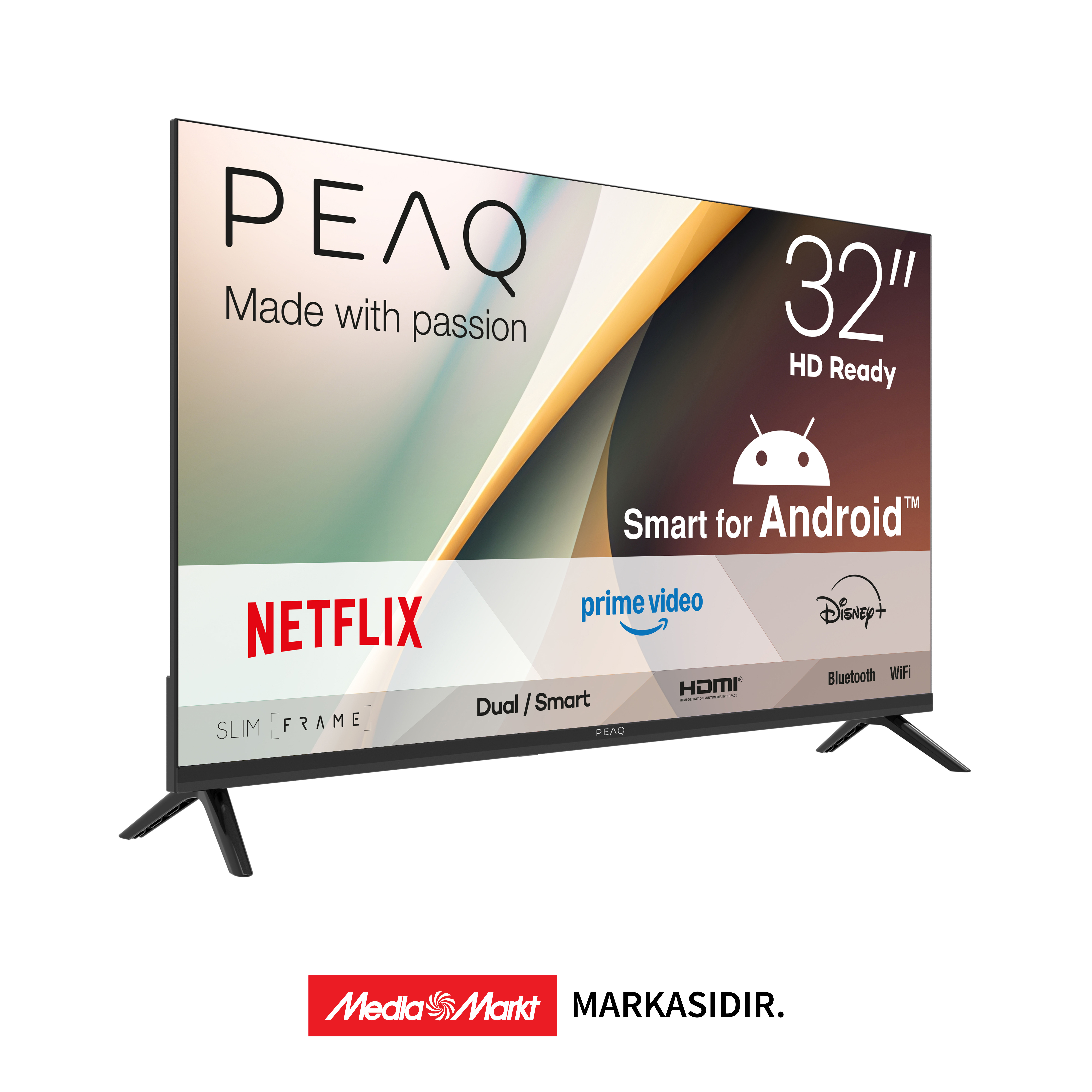 Android, Netflix, Prime Video'lu ince 32 inç HD Ready PEAQ akıllı TV.