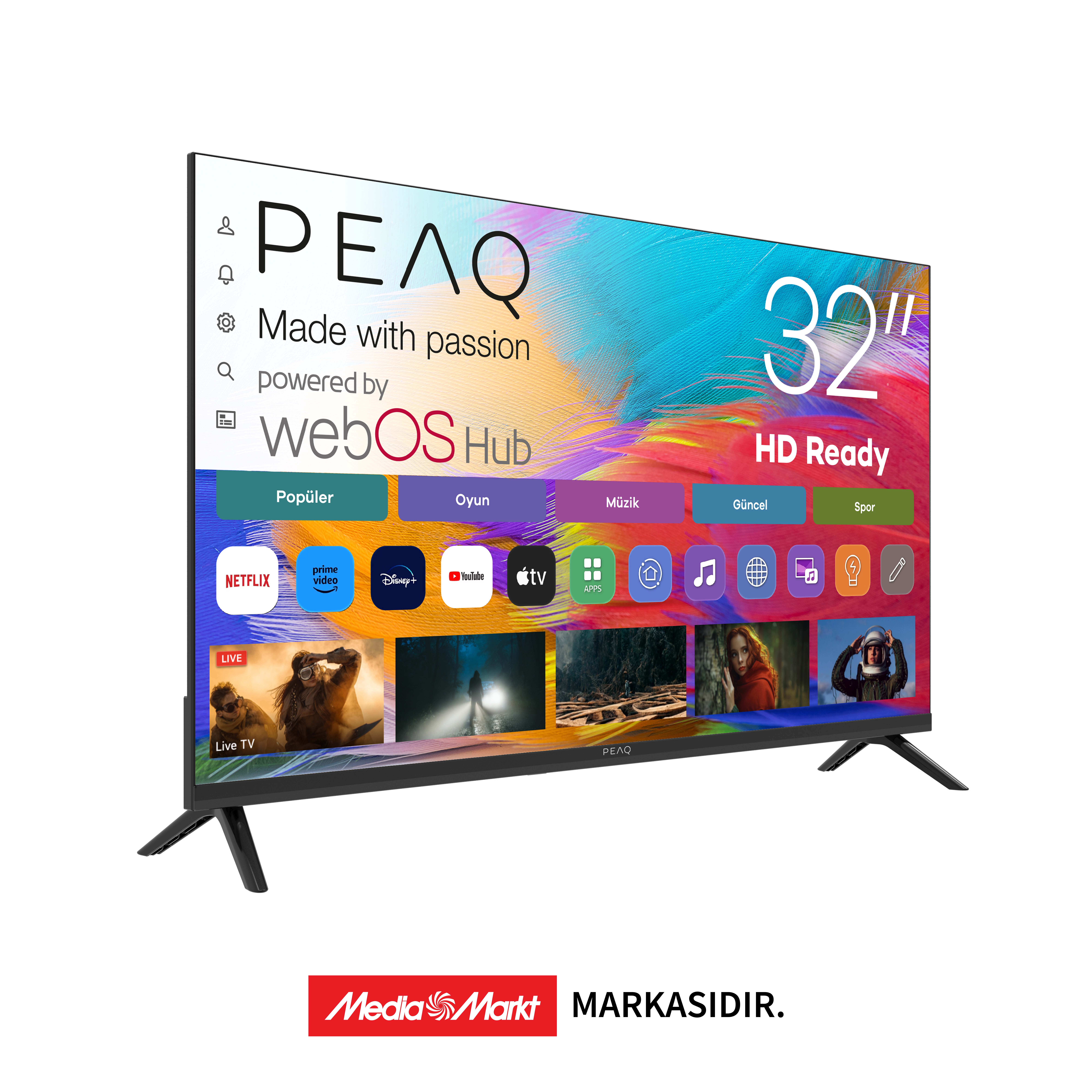 32 inç PEAQ TV, HD Ready çözünürlük ve WebOS Hub ile.