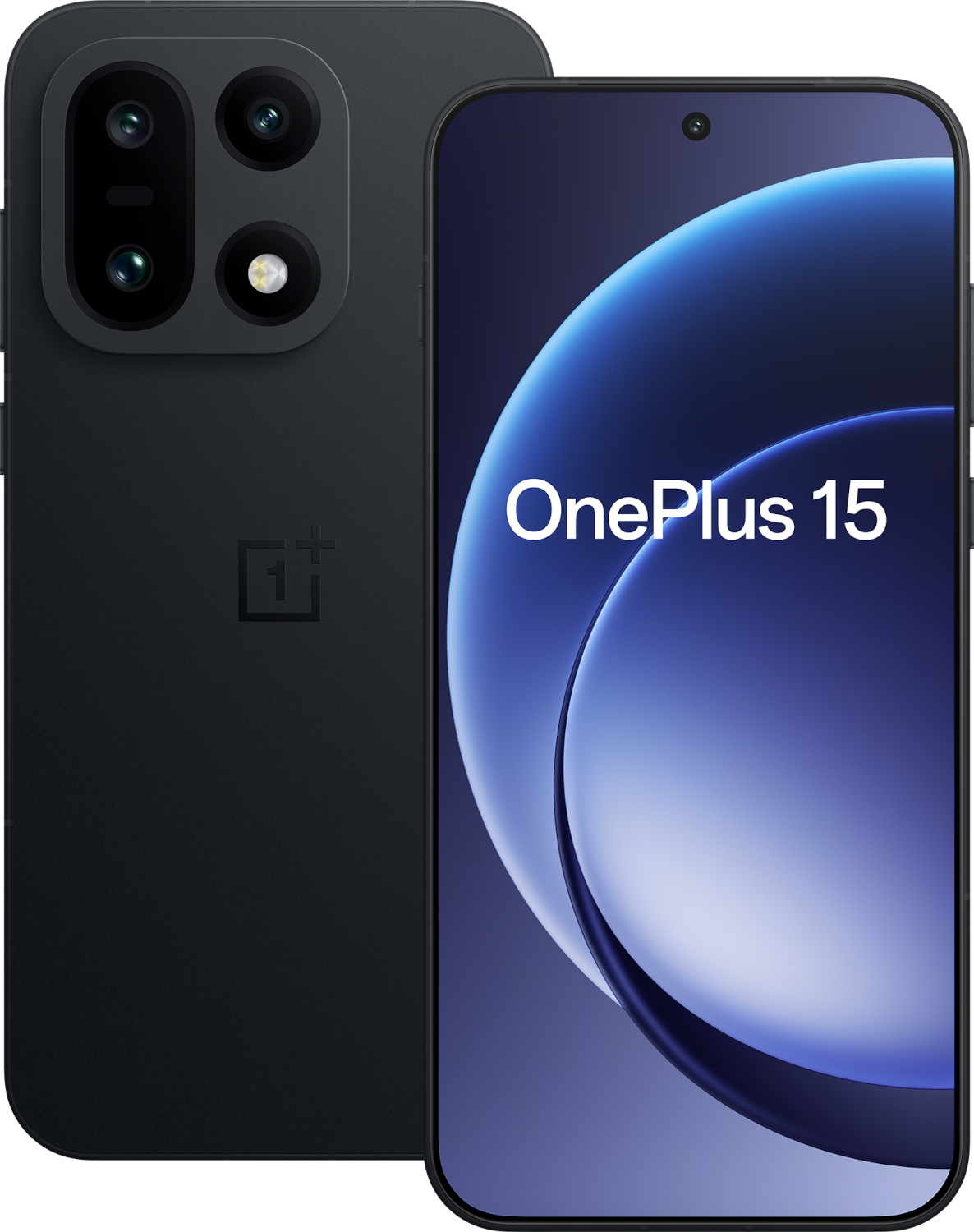 Zwarte OnePlus 15 telefoon met camera-array en verlicht scherm.
