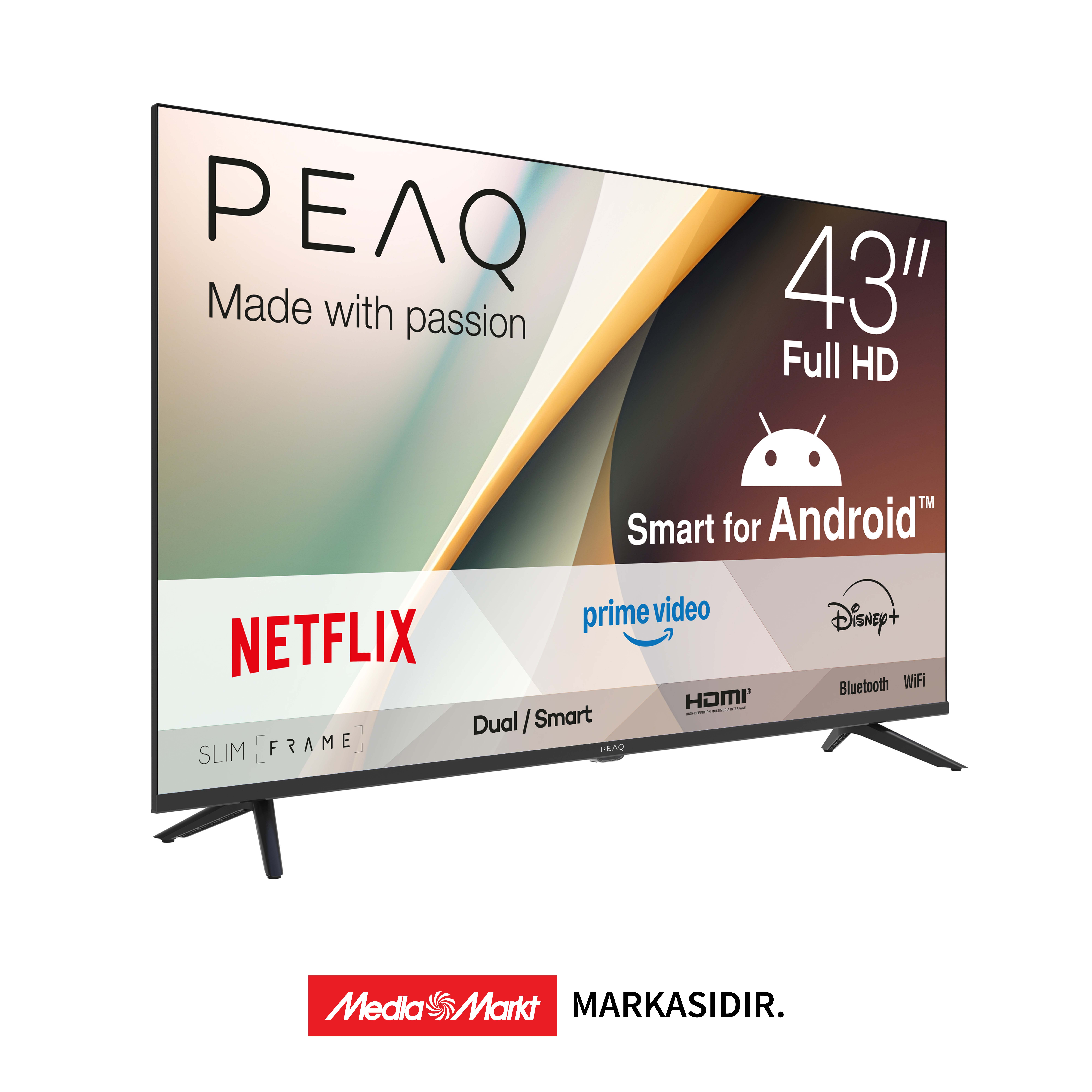Android işletim sistemli ve uygulamalı 43 inç Full HD PEAQ akıllı TV.
