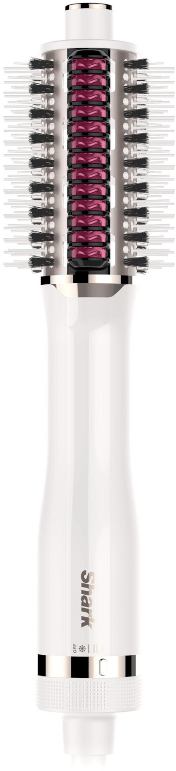 A white hair styler with a brush attachment and pink accents.